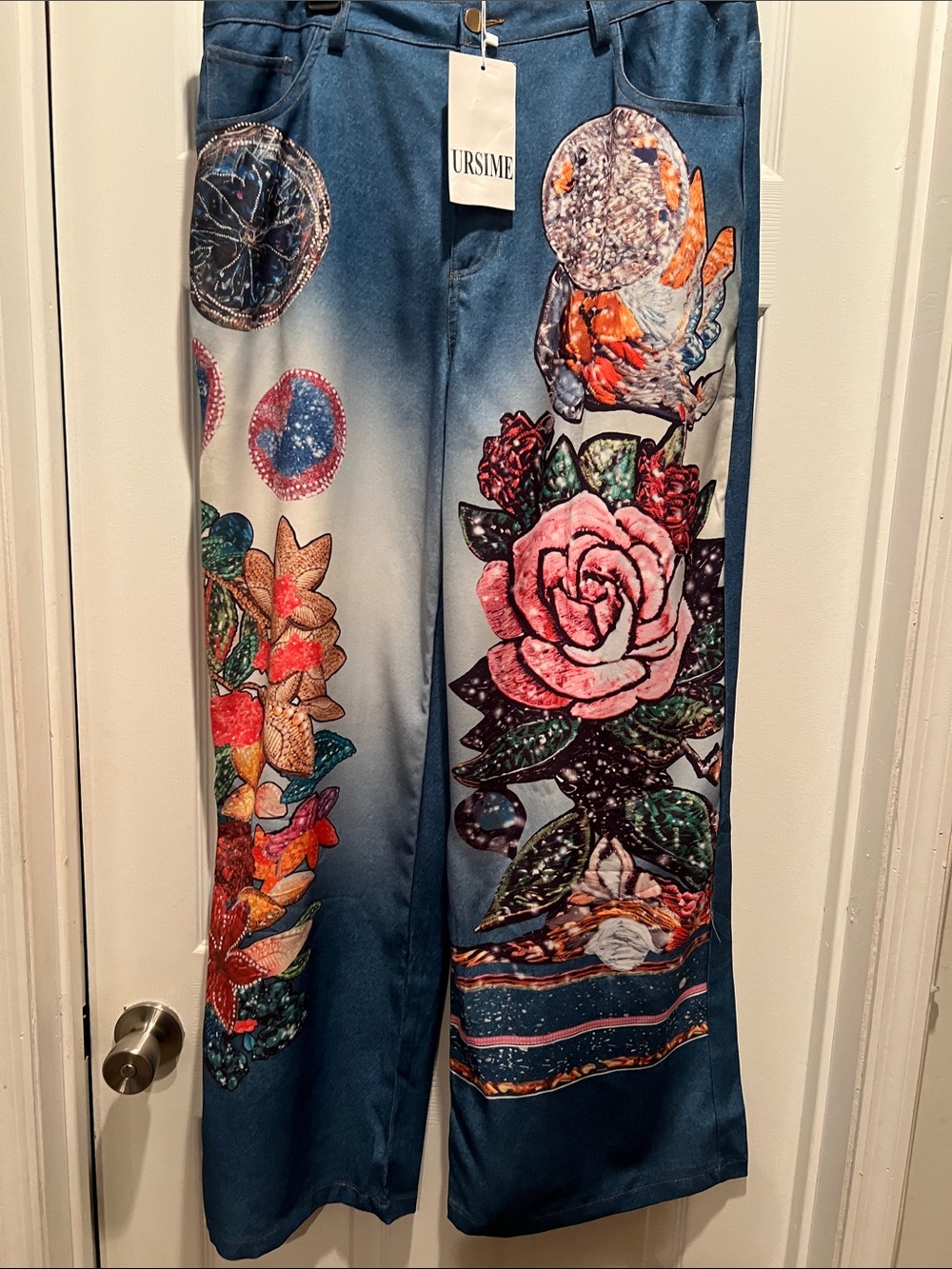 Ursime Blue Floral Wide-Leg Jeans with Pink Rose Print (faux denim)